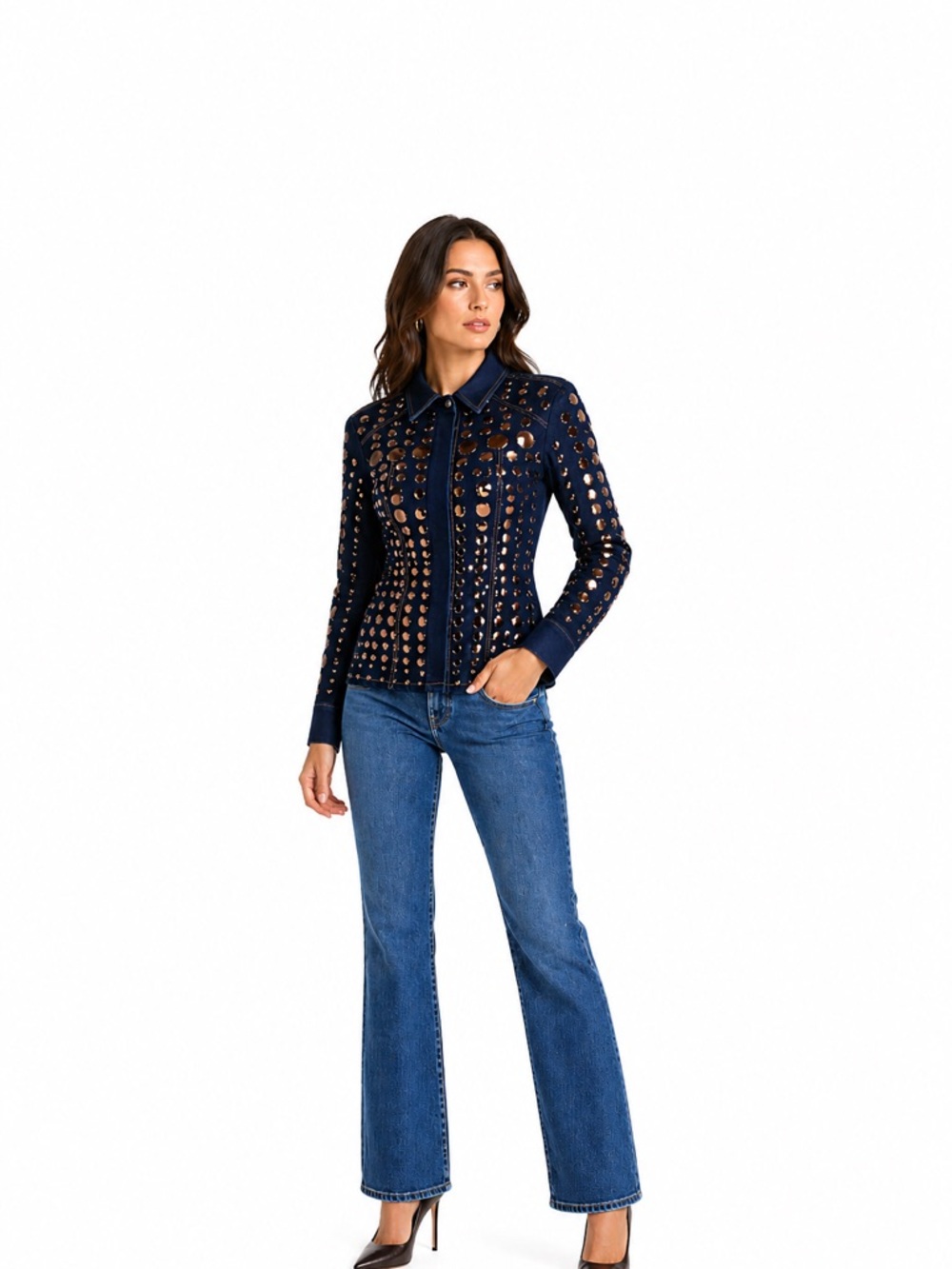 AKIRA Studded Denim Jacket NWT Dark Blue Statement Jacket Laser Cut Studs S M